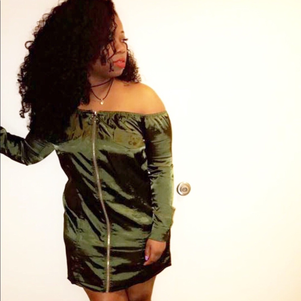 Boohoo Olive Green Off Shoulder Satin Shift Dress